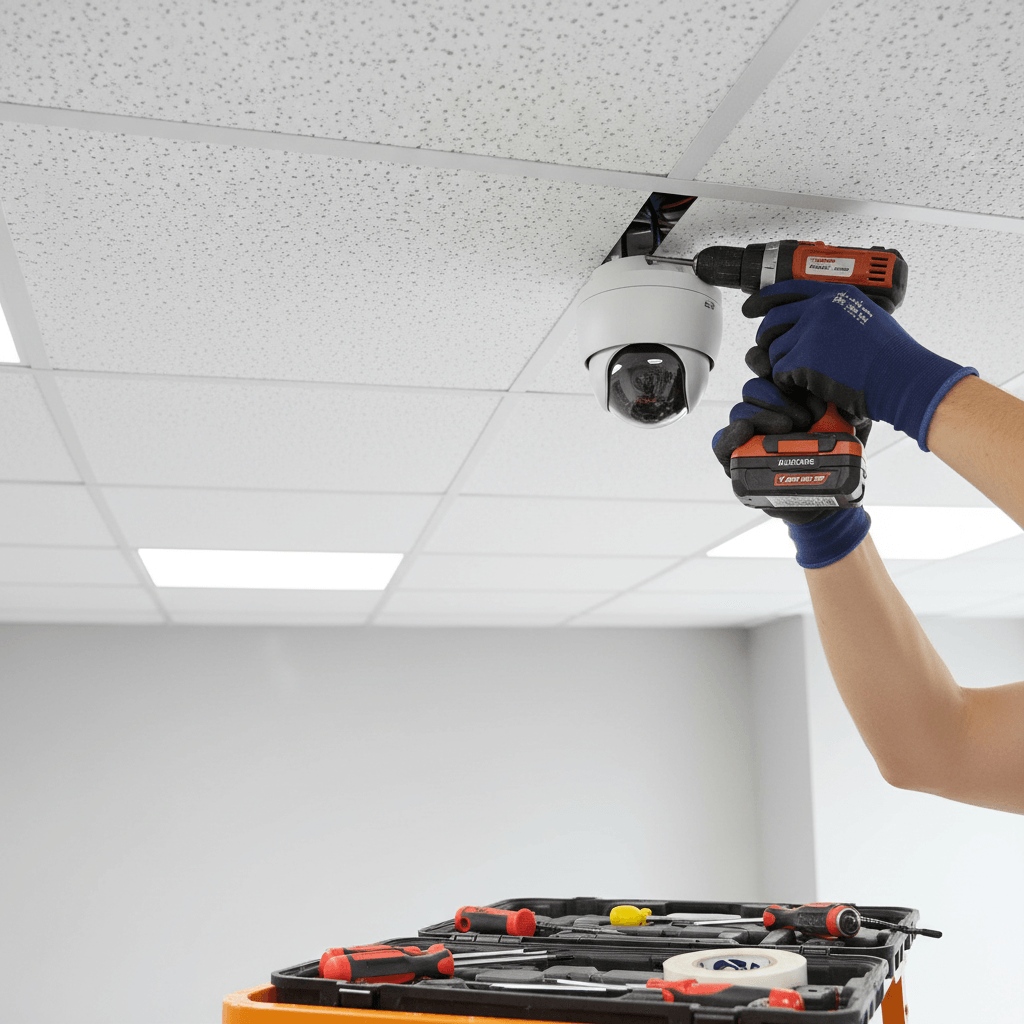 Techniker installiert CCTV-Kamera